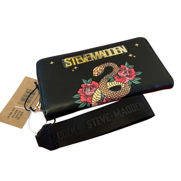 Steve Madden Year of the Snake Black Wallet/Wristlet with Floral Design. - Picture 3 of 6